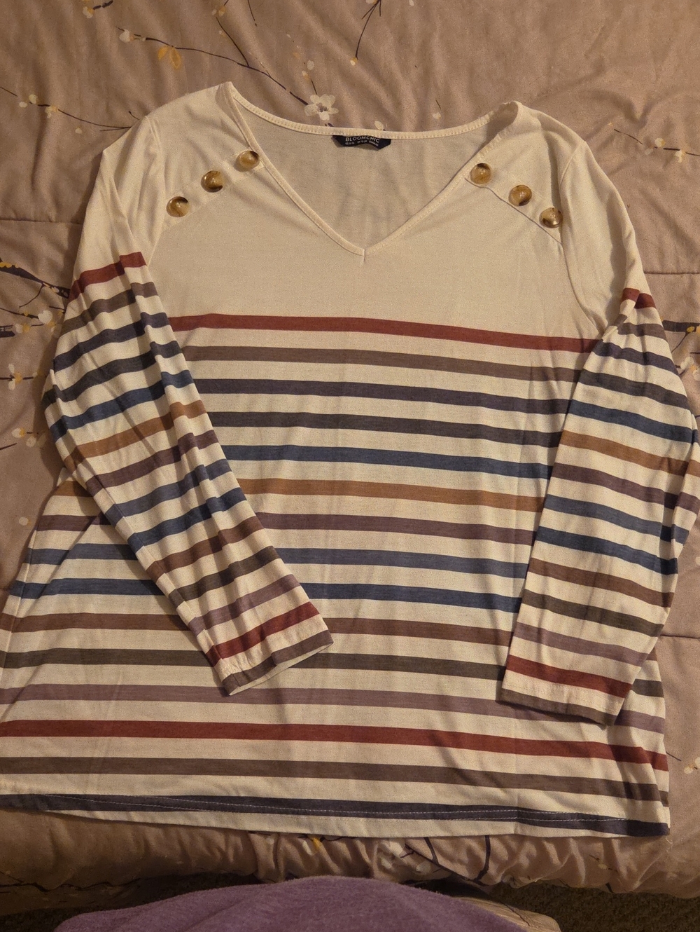 BloomChic Cream Striped V-Neck Long Sleeve Top with Gold Buttons